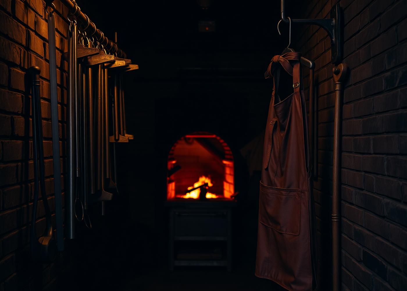 The Hammerman's workshop with hanging tools and a glowing forge
